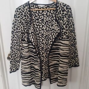 Womens Black Cream Animal Print Open Front Cotton Cardigan L Leopard Zebra